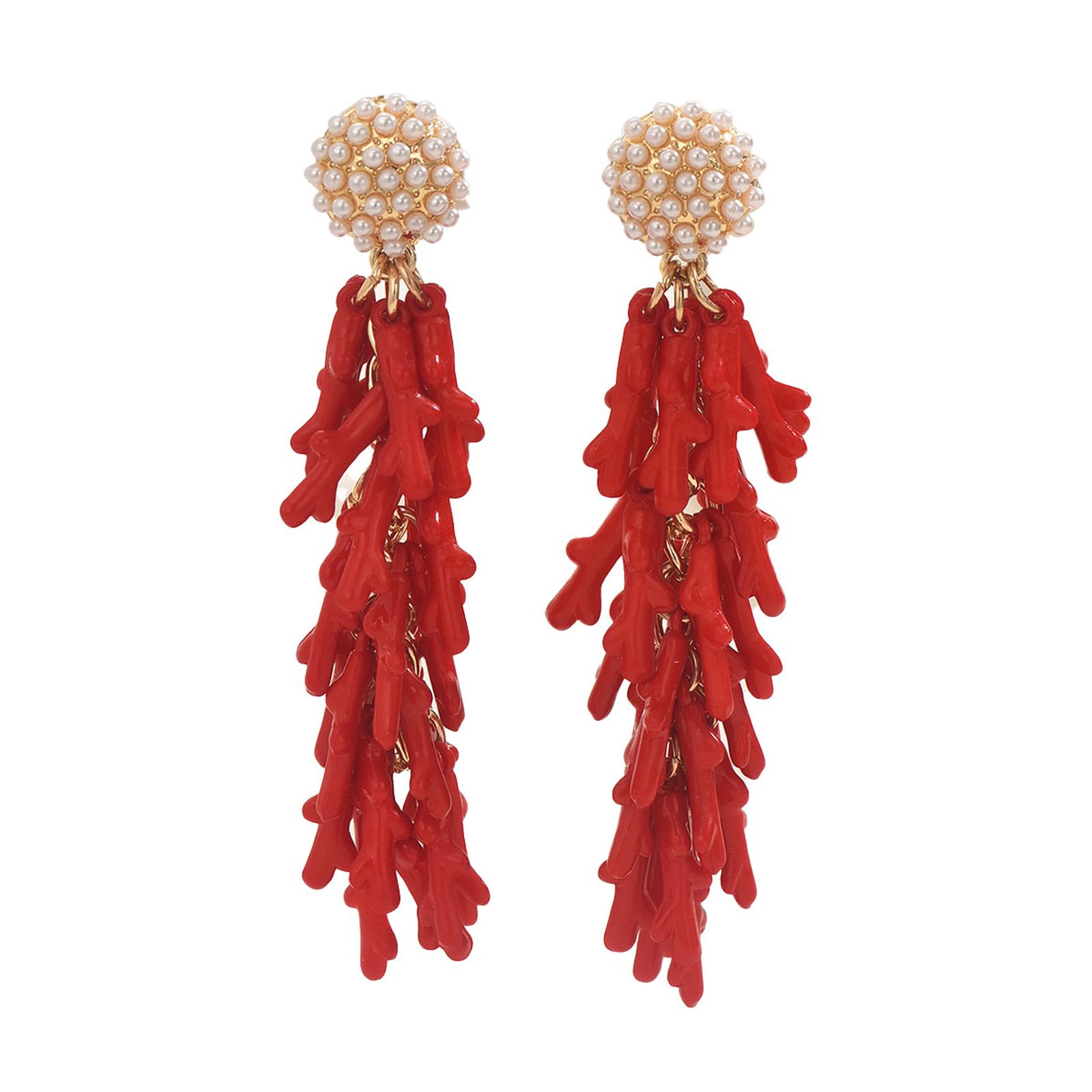 

Elegant Pearl Embellished Coral Design Earrings Durable Resin Alloy Accessories Perfect Gift Idea
