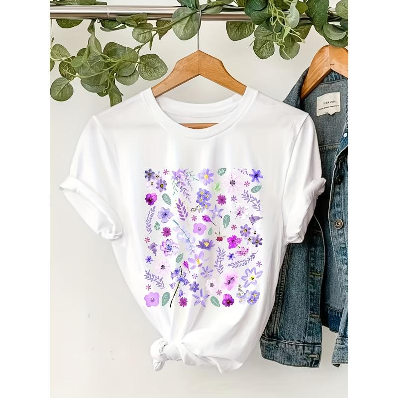

European Size Women S Casual Printed T-Shirt - a Countryside Style Round-Neck Top, Featuring Colorful Violet Flowers,a Stylish Look in Spring Summer 4XL білий
