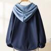 Button Top Fashionable and Versatile Fake Two-piece Hooded Sweatshirt for Women Contrasting Simple