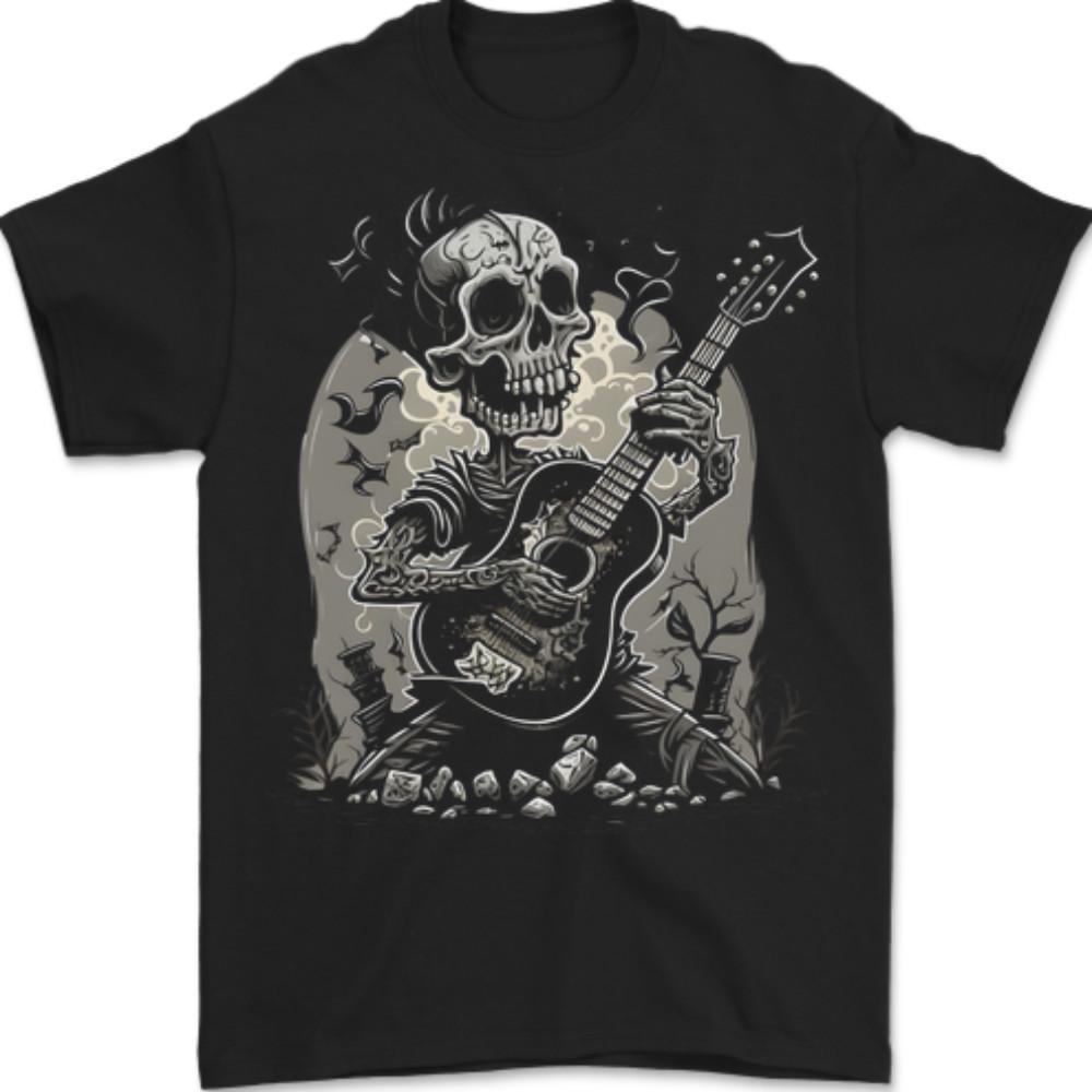Altes Rocker Gitarrenspieler Totenkopf Rock n Roll Musik Herren T-Shirt Baumwolle Unisex T-Shirt