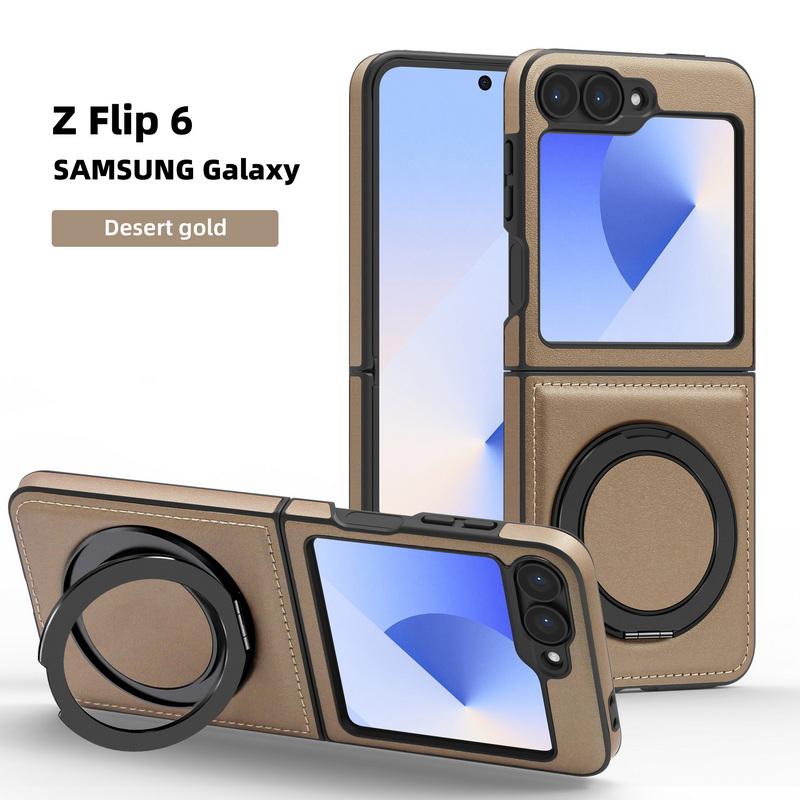 Solid Color Leather Slim 2pcs Folding Phone Case For Samsung Galaxy Z Flip6 Flip5 Flip4 3 Wireless Charge Shockproof Magnetic Metal Stand Back Cover