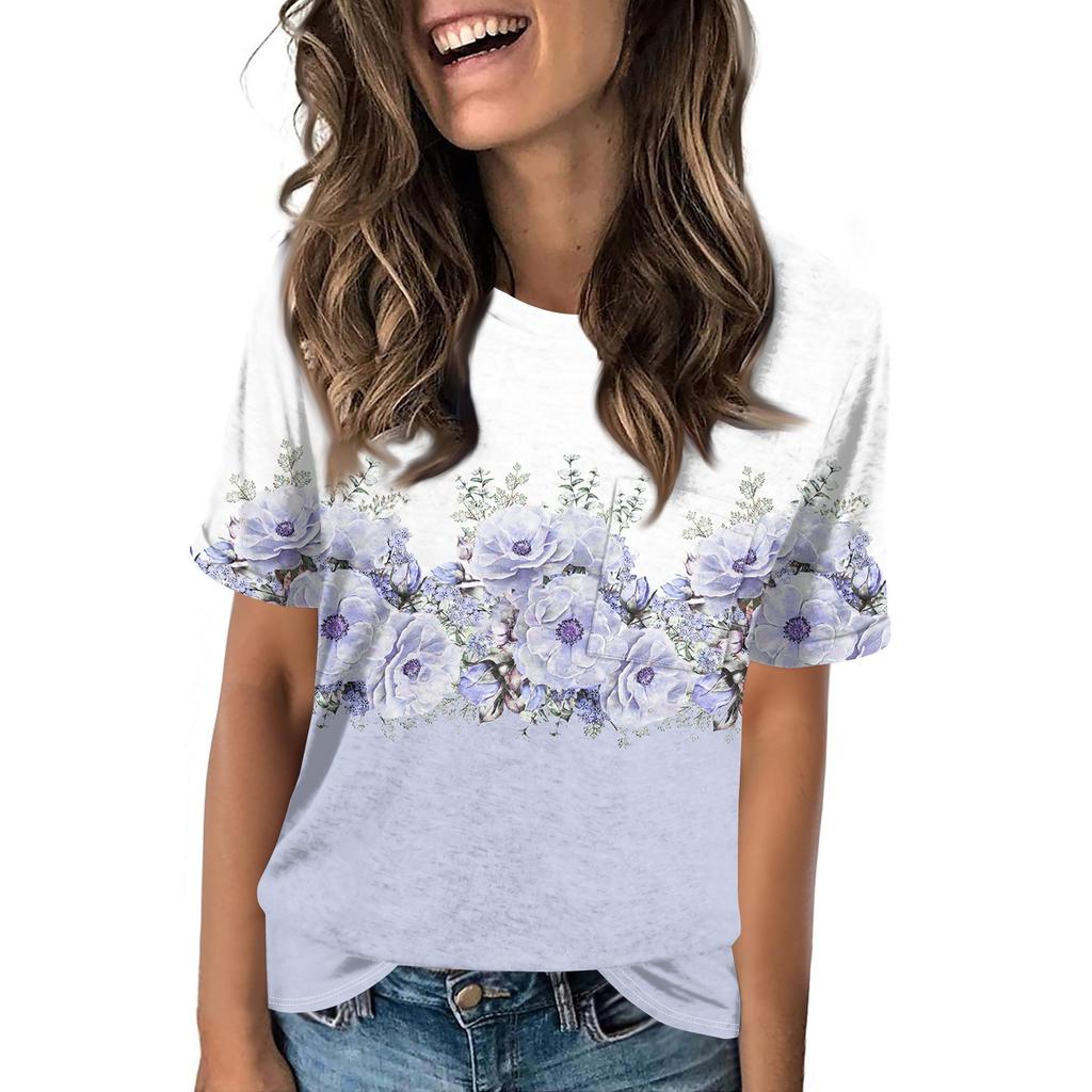 Women's Pocket Floral Print Summer Short Sleeved Round Neck Casual Loose T-shirt Top
