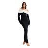 Dámské bodycon svetrové šaty s odhalenými rameny, s dlouhým rukávem, elegantní, žebrované, koktejlové, formální, podzimní, jarní, pletené, maxi šaty