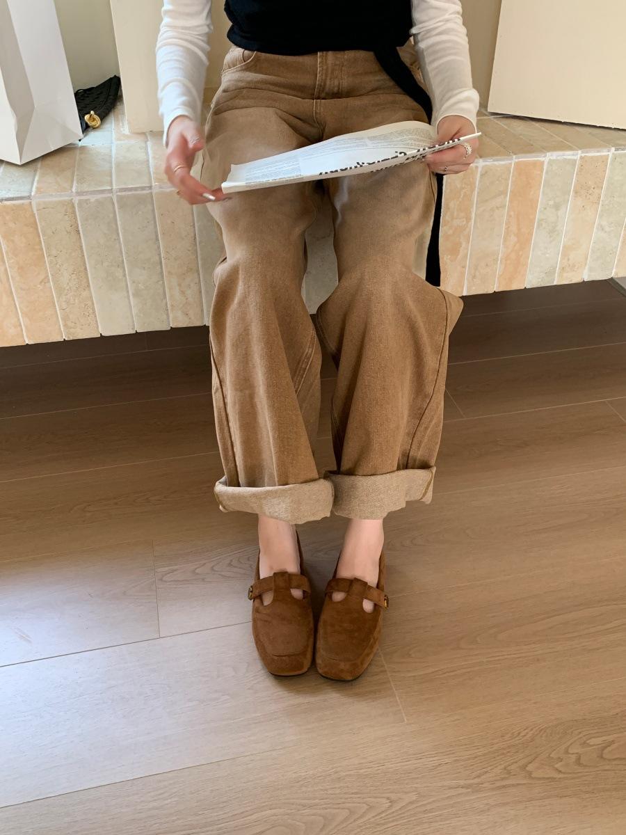 

French retro Xiaoxiangfeng flat bottom super soft square head loafers leather shoes new single shoes Mary Jane shoes 39 светло-коричневого