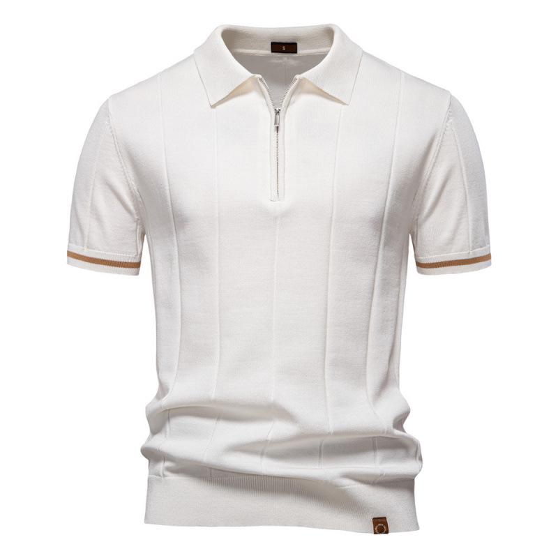 

Men s White Short Sleeve Knit Shirt with Zip Collar and Vertical Stripes S белый
