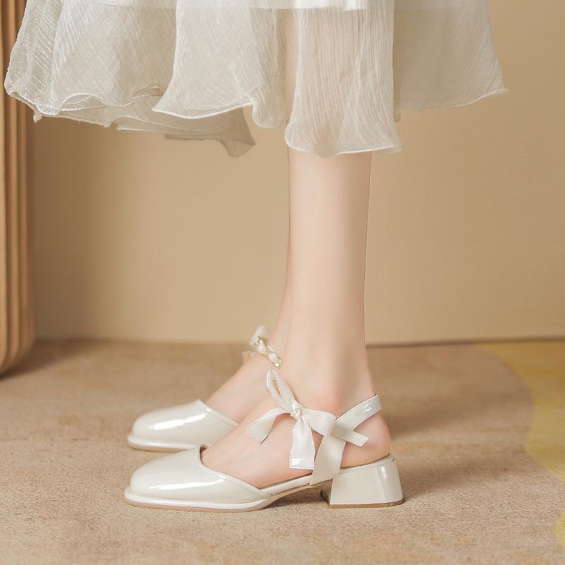 Summer New Sandals Women's Spring Thick Heel Bow with Skirt French Bag Head Mary Jane Single Shoes