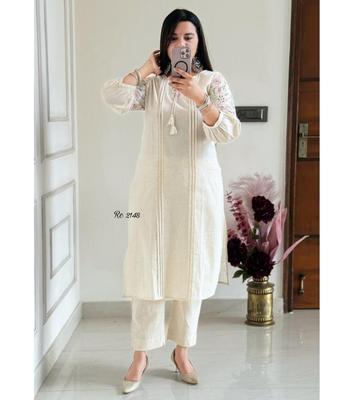 Indisches Designer Leinen Baumwoll Kurta Hosen Set Damen Bollywood Oberteil Tunika Besticktes Kurti Kleid