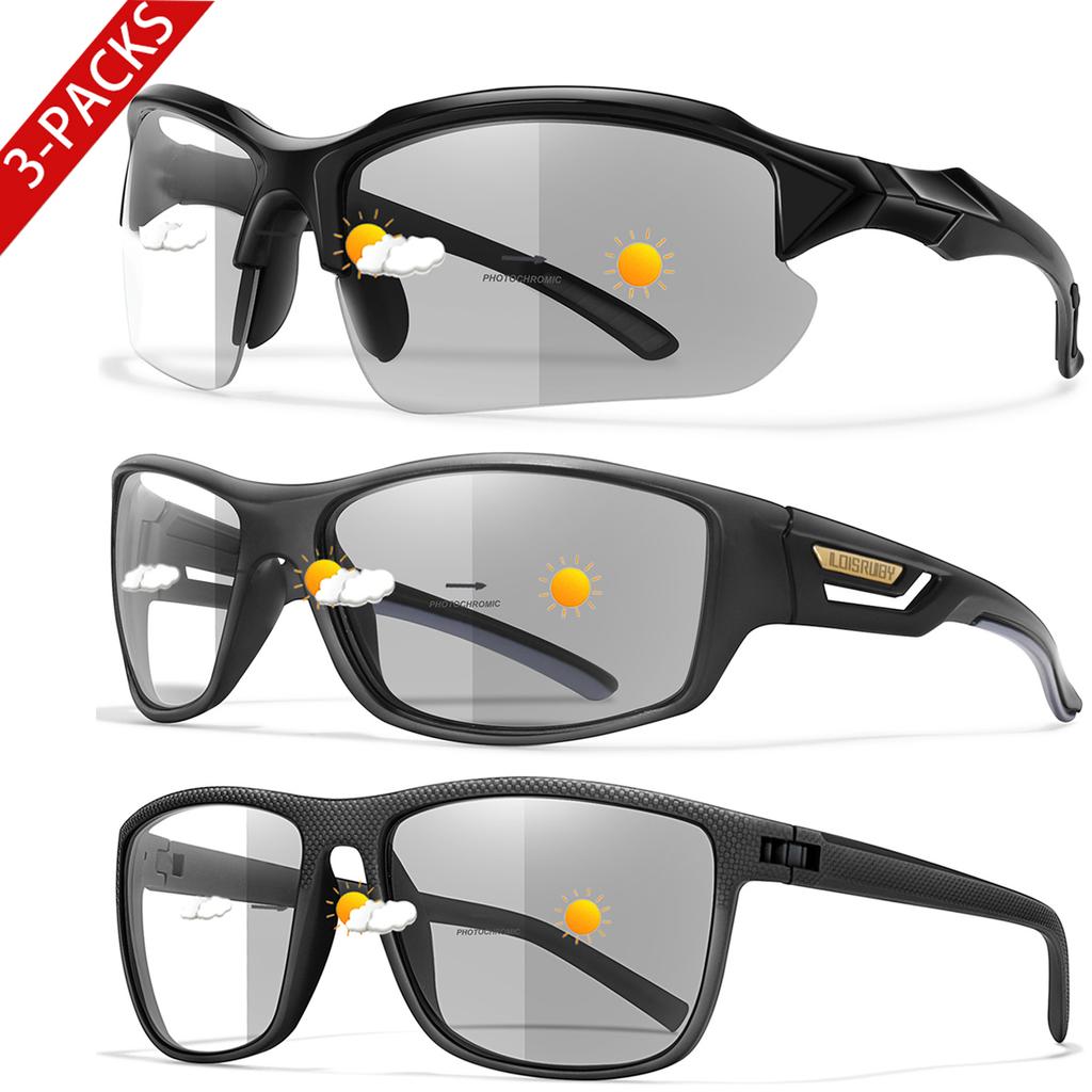 3 Pairs Photochromic Cycling Sunglasses for Men and Women Outdoor Sports Goggles Windproof Driving Camping Mtb Bicycle Eyewear