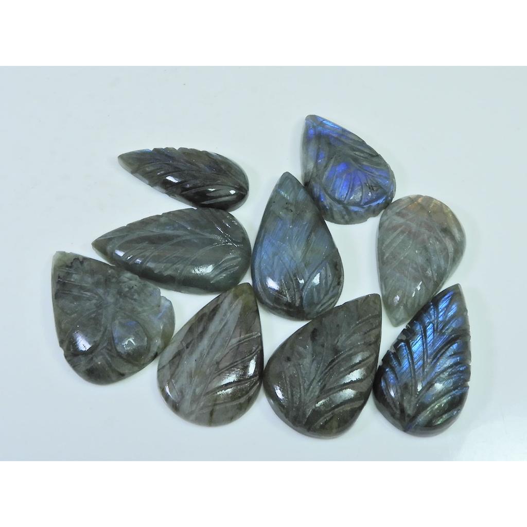 300Cts. Natural Labradorite Carving Pear Cabochon Loose Gemstone 09Pcs Lot LL-1127