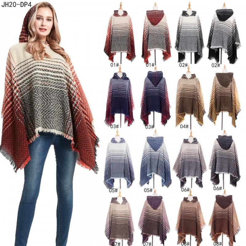 Womens Gradient Herringbone Circle Yarn Hooded Poncho Sweater Shawl Winter Fall Streetwear