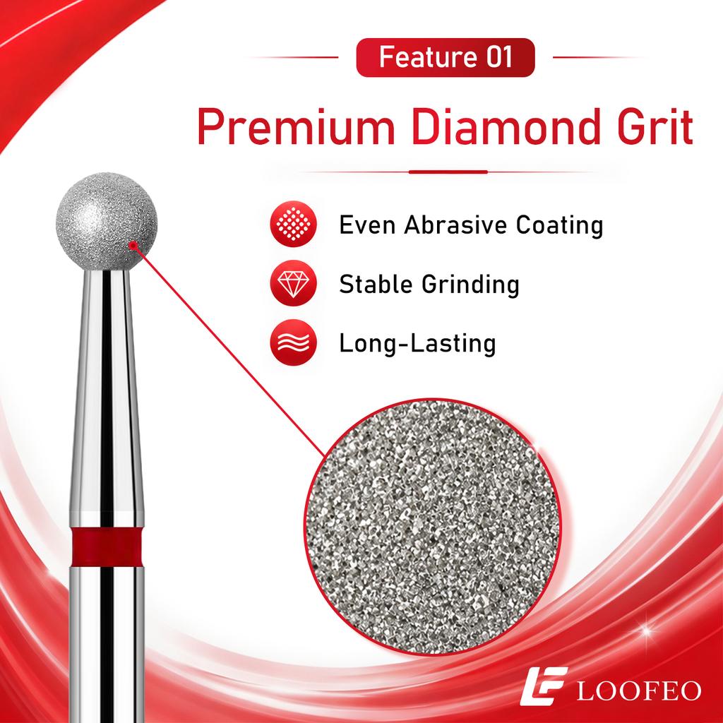 Ball Diamond Nail Drill Bit Set 1.5/2/2.5/3/3.5/4/4.5/5mm Red Fine Nail Milling Cutters Nail File Bit Sets Nail Prep Dead Skin Removal Shaping