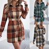 Women Casual Color Block Plaid Long Sleeve Lace Up Mid Length Shirt Dress