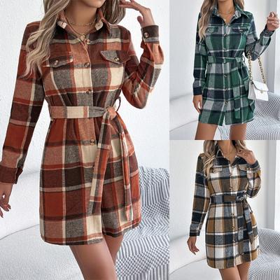 Vestido Camisa Casual para Mujer de Bloques de Color, Cuadros, Manga Larga, Con Cordones, Longitud Media