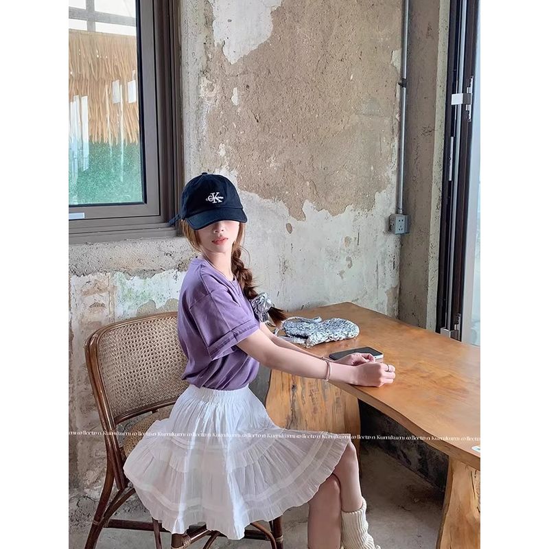 Shoulder Pure Color Basic Bottoming Shirt Ins Short Sleeve T-shirt