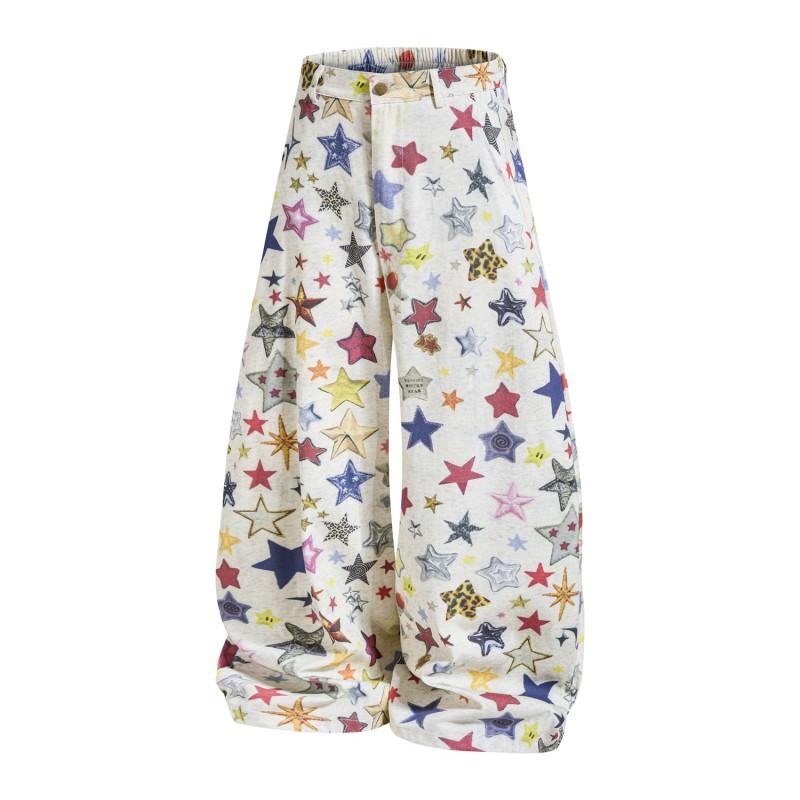 American Retro Star Print Wide Leg Pants Loose Casual Trousers Men Women