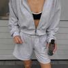 European and American fashion gray hooded sweatshirt set for women, 1116 autumn/winter sporty casual jacket and shorts, two-piece set for women