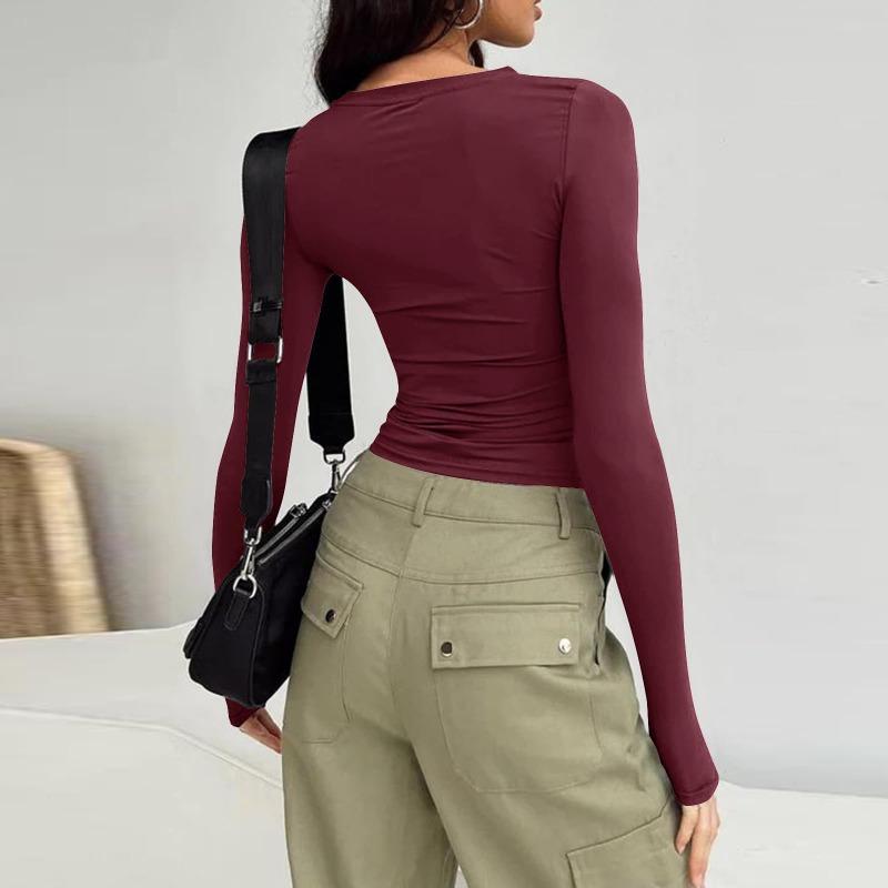 Women's Long Sleeve T-Shirt O Neck Solid Color Shirt Slim Basic Bottom Tops