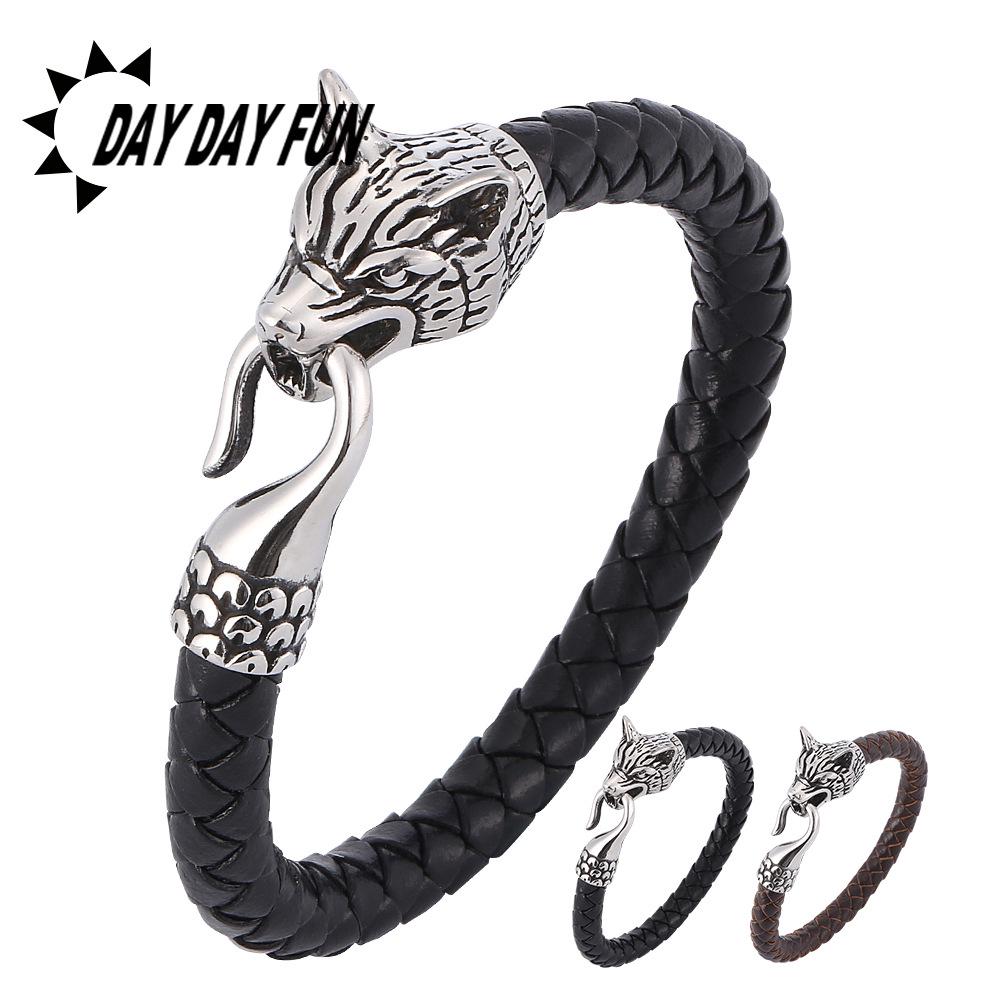 Stylish Wolf Head Braided Leather Bracelet