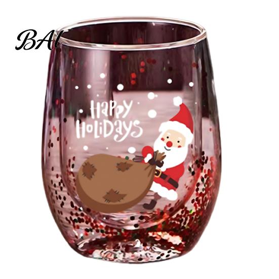 Unique Shape Hot Drink Mug Double Layer Glass Cup, with Santa Claus/Small Tree/Stack/Bag Patterns Decor, Family Gathering Tableware Quicksand Sequins