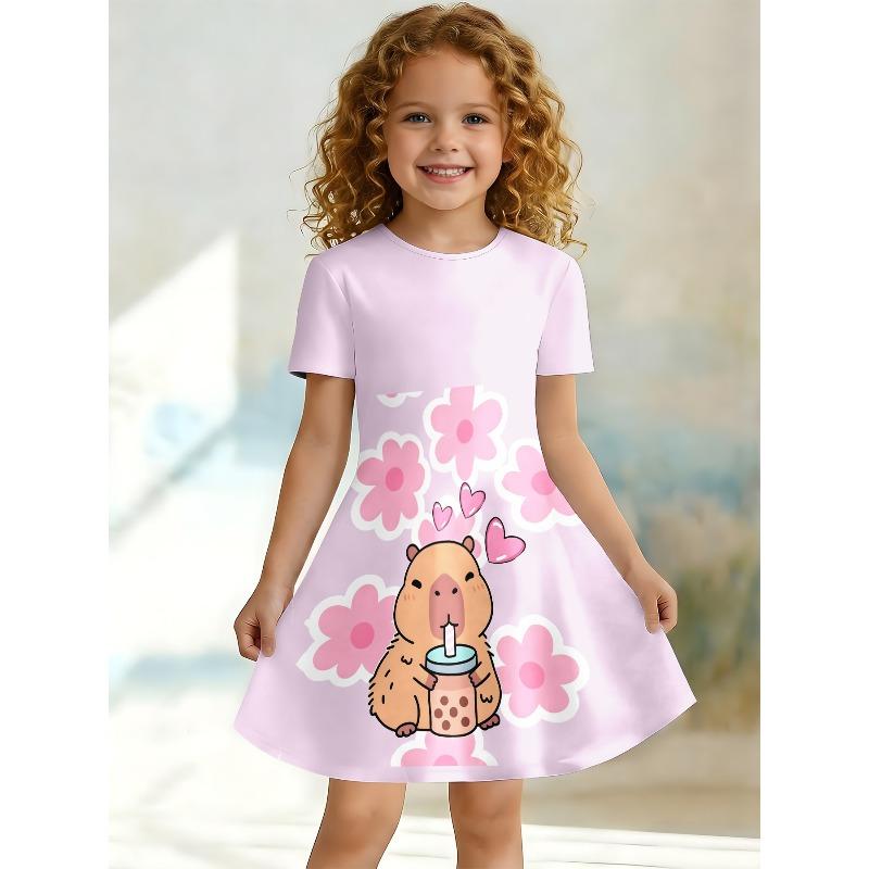 Little Girls 3 Styles Cute Anime Game Capybara Cartoon Print Round Neck Short Sleeve A-Line Kids Summer Flared Swing Dress