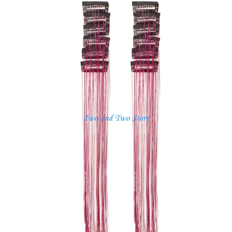 HX6F 12PCS Glitter Tinsel Clip On Hair Extension Ornament Glitter Filament High Temperature Silk for Children Daily Activity