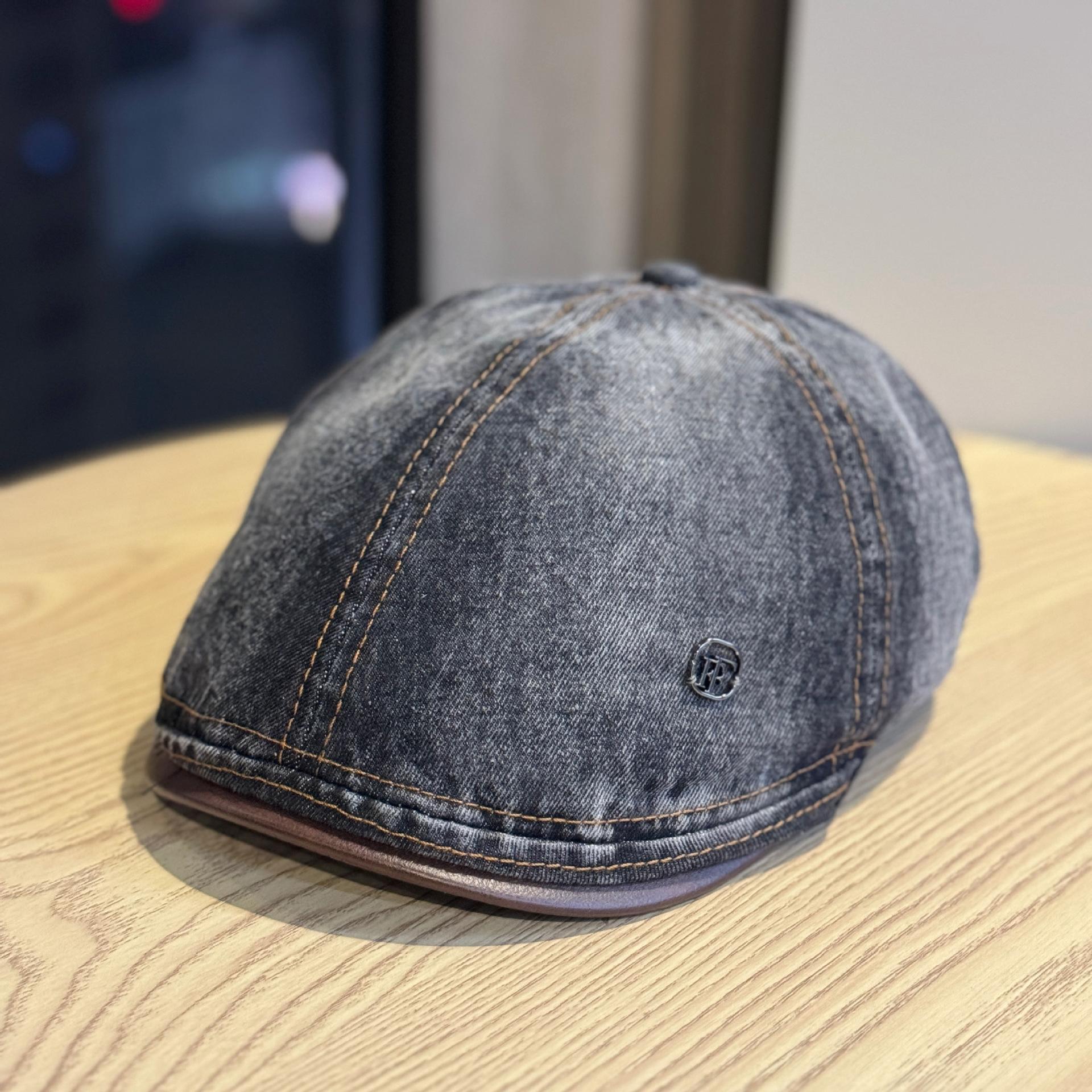 

New Japanese-style vintage washed distressed denim beret for women with large head circumference, face-slimming artist hat, trendy Adult54-60Adjustable чёрный