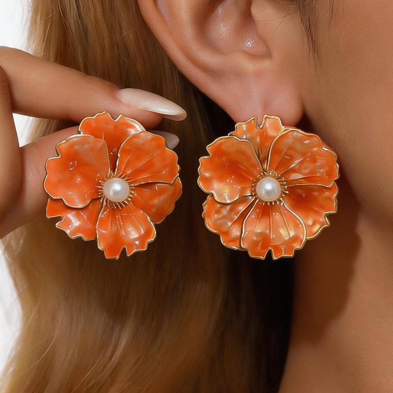 Silver Needle Pearl Flower Stud Earrings - Retro European Style with Drip Glaze Petals, Elegant Resort Style for Women