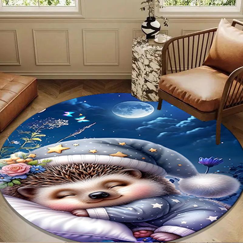 Sleepy Hedgehog Dreams Round Rug for Livingroom,Bedroom, Palyroom, Chair Rug, Area rug, Circle Carpet, Large Size Fan Christmas gift