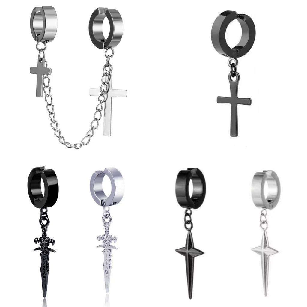 1pc Fashion Cross Pendant Ear Clip Non Piercing Earrings Fake Earrings for Men Women Punk Personalized Stainless Steel Zircon