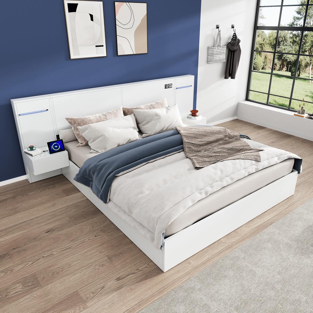 Cama de Casal 160*200cm, Cama de Madeira, Porta USB, Relógio, Alto-falante Bluetooth, Tira de Luz Colorida, 2 Mesas de Cabeceira (sem gavetas), Colchão Não Incluído, Branco