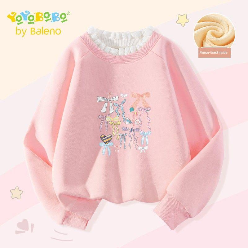 Baleno Ybb Series Girls  Fleece Sweatshirt Autumn and Winter 2025 New Thin Fleece Ruffled Children s Base Layer Top Ice Powder#Yb Three-Color Bow 160