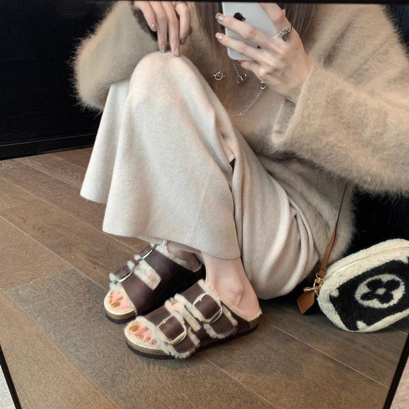 ! Shoes retro wool double buckle plush thick-soled fluffy slippers women's outer wear