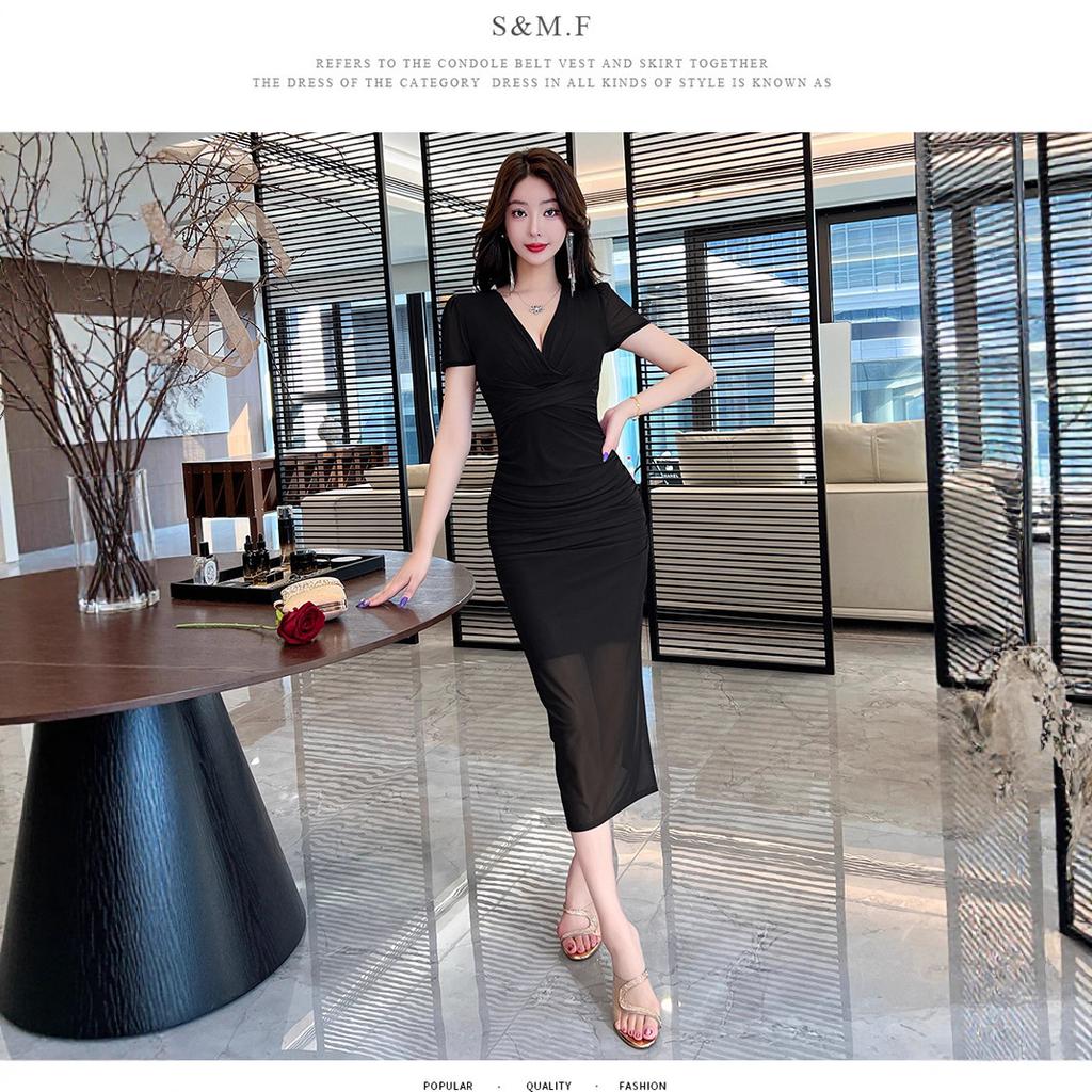 Summer new temperament mesh yarn low-cut V-neck waist split foot massage workcoat long dress women