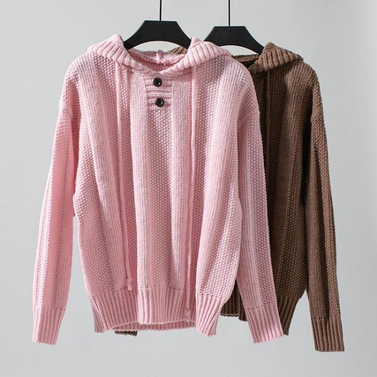 Vintage Pullover Sweater Hooded Loose Long Sleeve V-Neck Solid Color Knitwear Top for Autumn Winter