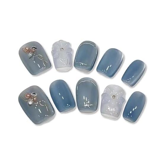 Handmade Nail Tips Short 3D Design Flower Japanese Style Cute Nail Tips Short False Nails False Nails Pack of 10 Installation Kit Included Easy