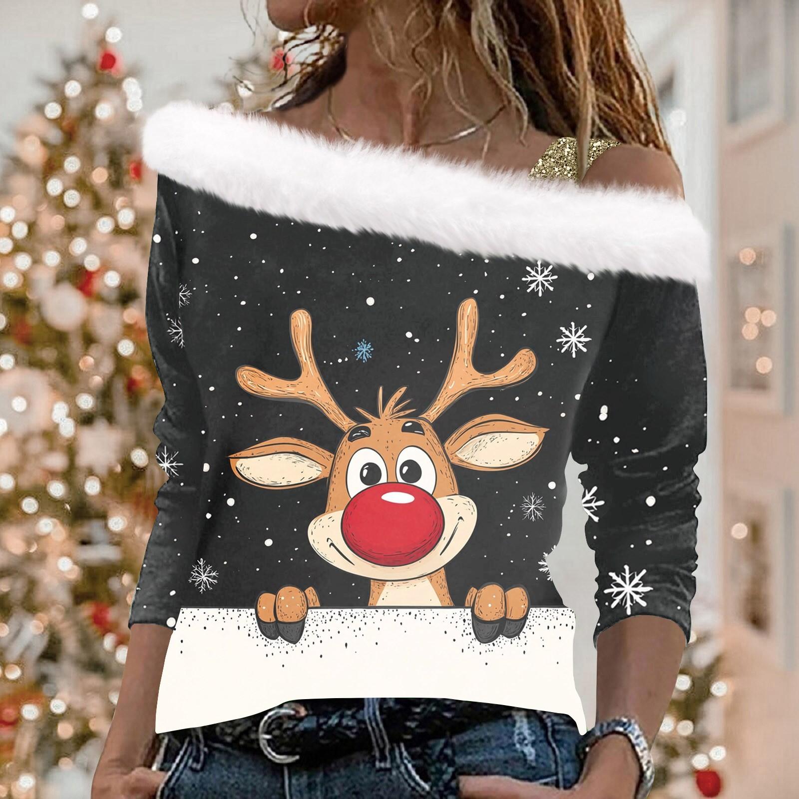 

Женские топы с длинными рукавами. Модные женские свободные пуловеры с открытыми плечами с рождественским принтом. S