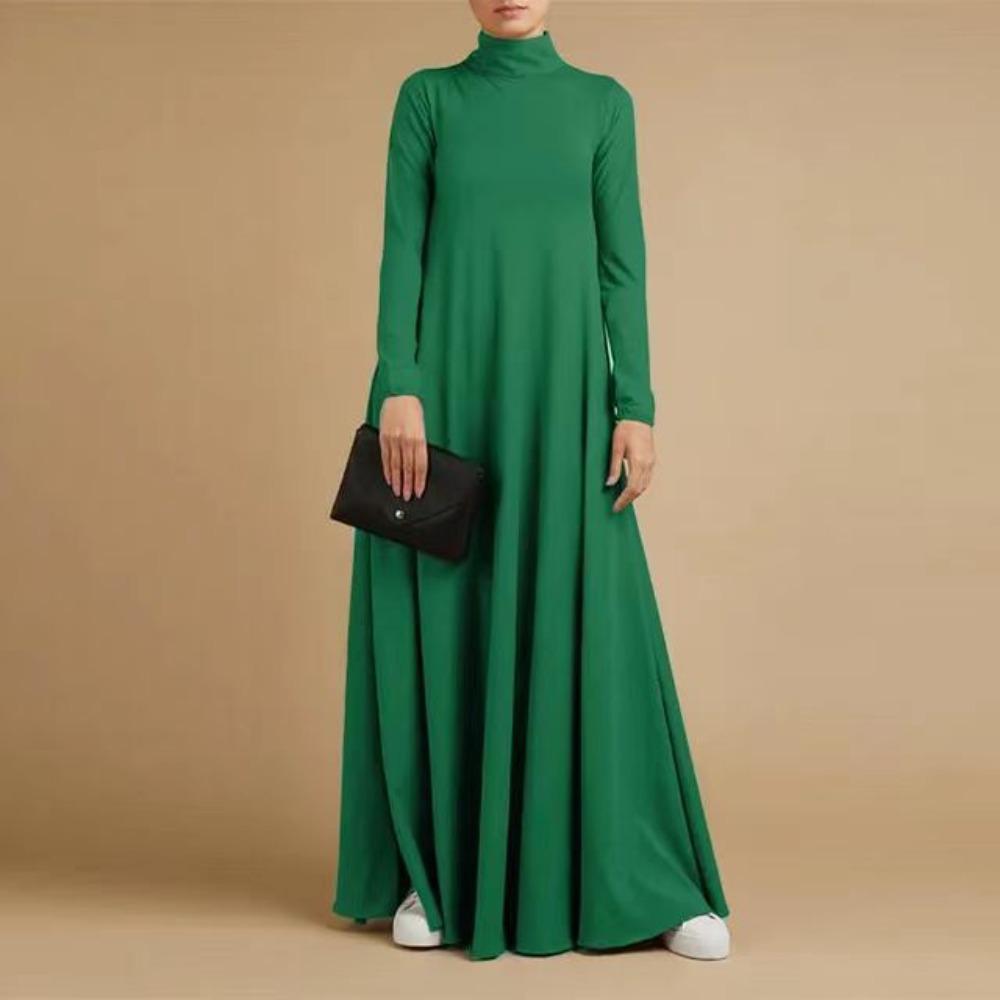 Damen Rollkragen Langarm Maxikleid Lockere Passform Einfarbig A-Linie Lässiges Abaya Langes Kleid