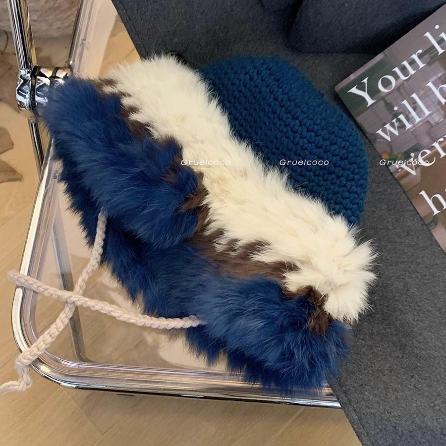Rabbit Fur Knitted Hat Women's Autumn and Winter Splicing Warm Wool Hat Cold-proof Cover Foreign Gas Plush Ear Protection Head Hat