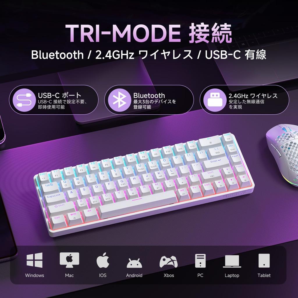 Dierya DK68 Wireless Gaming Keyboard 68 Blue Mechanical RGB Full Key Compatible with English Layout - 2.4G/Bluetooth/USB-C Connection, 60% Layout,