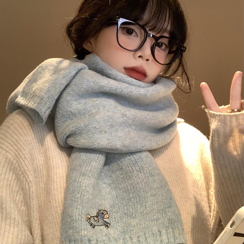 New Embroidered Pony Knitted Wool Scarf Women's Autumn and Winter Korean Version Versatile Small Fresh Couple Scarf Men
