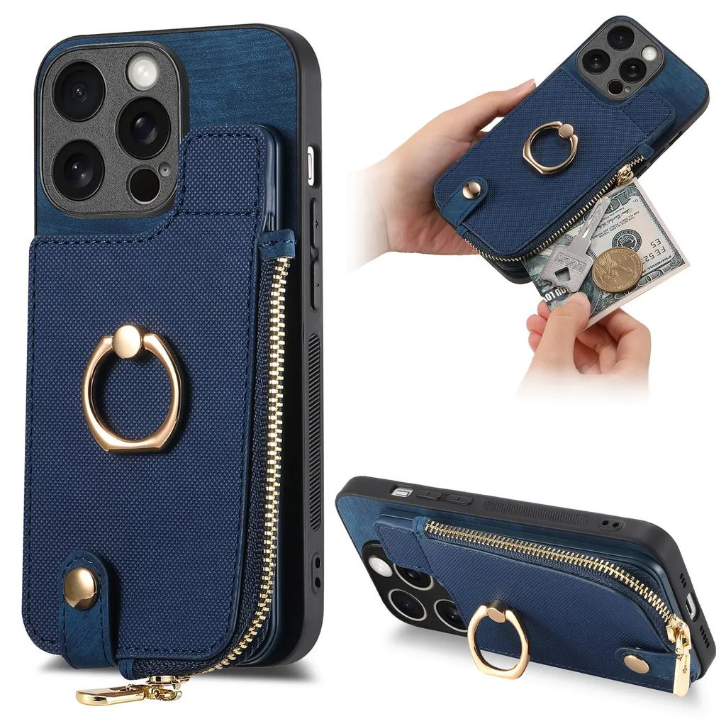 Zipper Vertical Cards Slot Ring Holder Wallet Case For iPhone 15 Pro Max 14 Plus 13 12 11 XS X XR 7 8 SE 2026 Cover Purse Cover