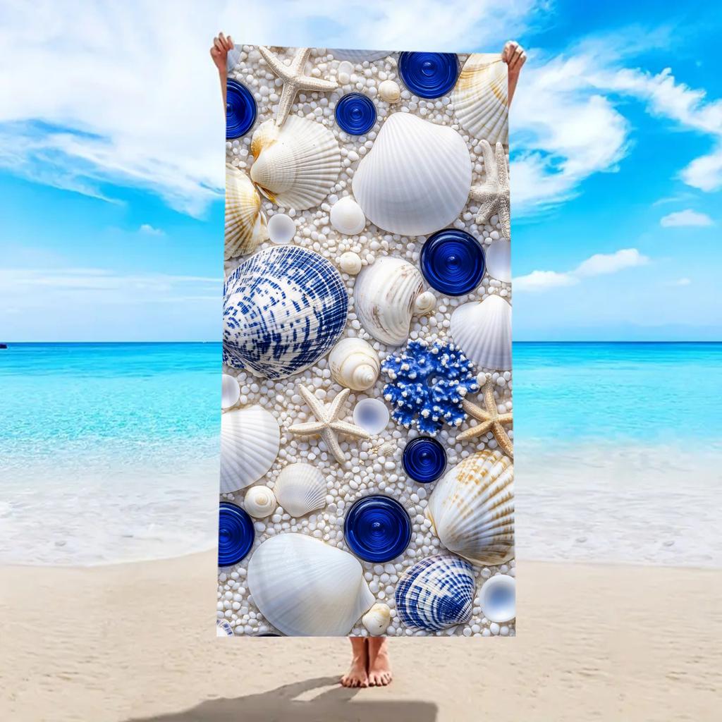 Beach-Style Shell & Starfish Polyester Beach Towel, 2D Printed, Quick-Dry Lightweight, All-Season Unisex, Ideal for Beach/Surfin
