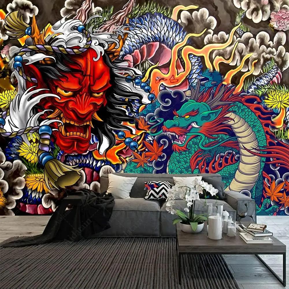 Japanese Dragon Tapestry Oni Mask Wall Hanging Aesthetic Anime Tapestry Art for Men Bedroom Living Room Flannel Fabric