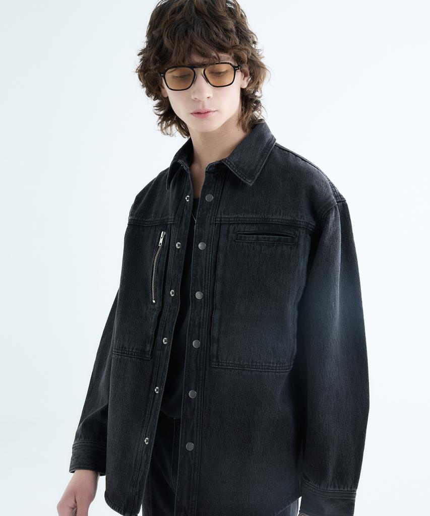 Lab101 Oversized Zipper Multi-Pocket Denim Jacket (Black)