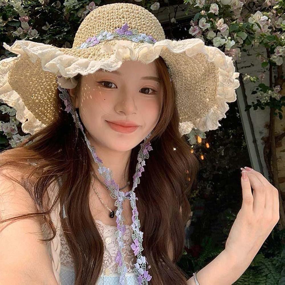 Breathable Big Brimmed Straw Hat Lightweight Woven Sun Cap Elegant Vacation Beach Cap  Carnival