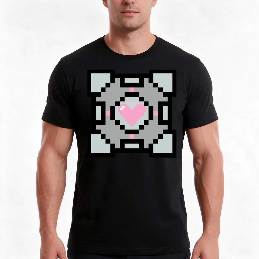 Pixel Companion Cube Tshirt Summer Casual Cotton Tee Oversized Streetwear Tops Vintage Graphic Print Loose Fit Short Sleeve