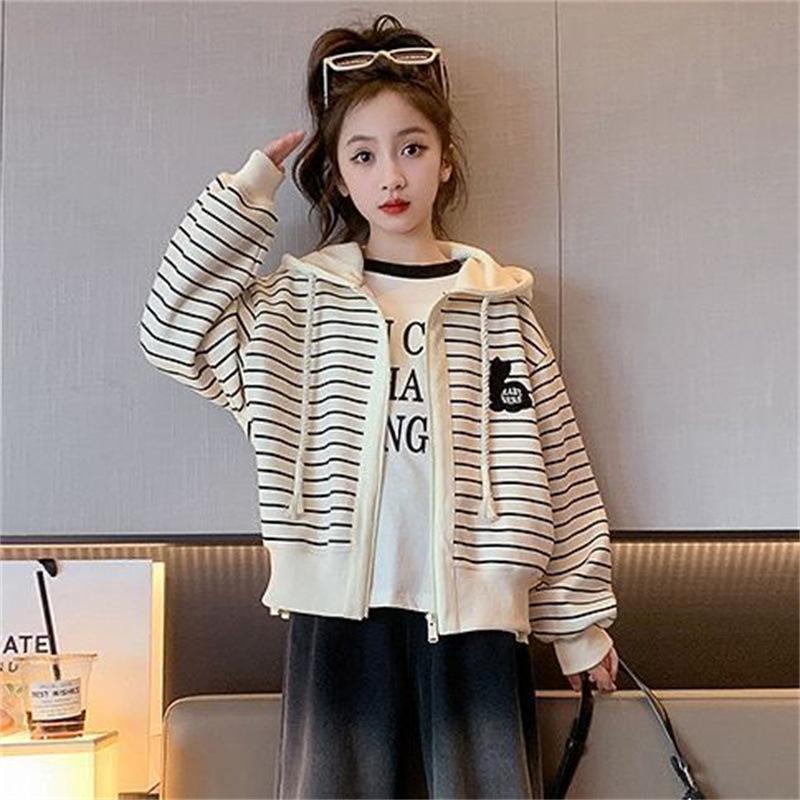 Girls Striped Fashionable Versatile Jacket for Spring Autumn
