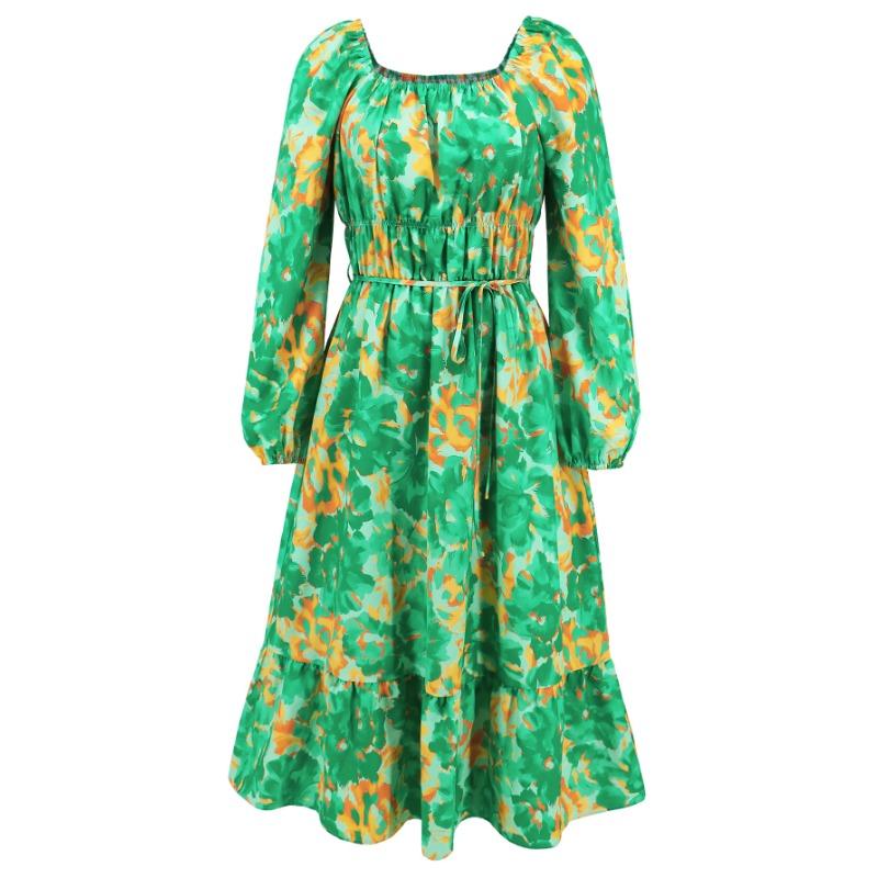 Spring and Autumn Women's Long Sleeve Printed Dress Slim Temperament Mid-Length Dresses