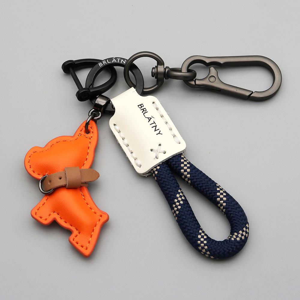 Handmade French Bulldog Genuine Leather Keychain with Anti-Lost Woven Rope Lanyard.