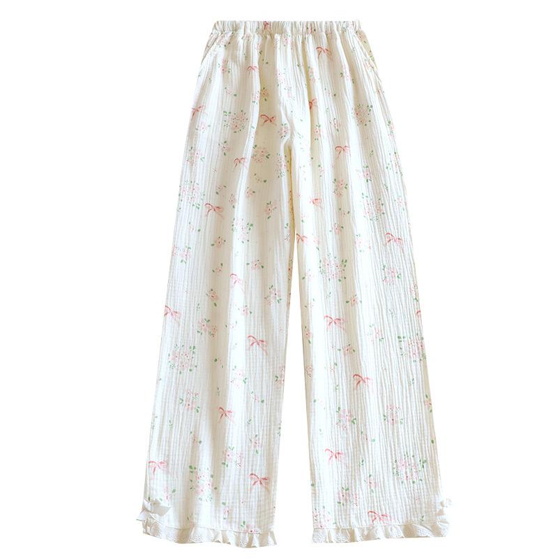 Spring and summer pajama pants women's pure cotton double-layer gauze loose pants floral thin lace can be worn outside home pants